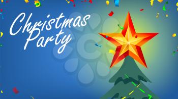 Christmas Party Banner With Shining Star And Confetti In Night Sky Vector. Isolated Illustration