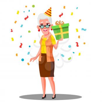 Funny Old Woman Celebrate Birthday In Party Caps And Confetti Vector. Illustration