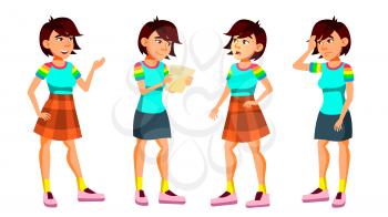 Asian Teen Girl Poses Set Vector. Funny, Friendship. For Advertisement, Greeting, Announcement Design. Isolated Cartoon Illustration