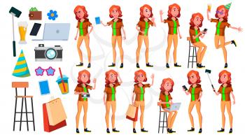 Teen Girl Poses Set Vector. Pretty, Youth. For Postcard, Announcement, Cover Design. Isolated Cartoon Illustration