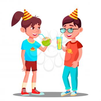 Children Drink Juice At Party Vector. Illustration