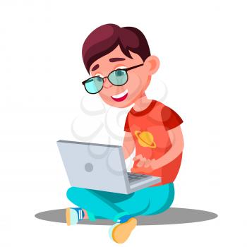Little Boy Doing Homework With Computer Vector. Isolated Illustration