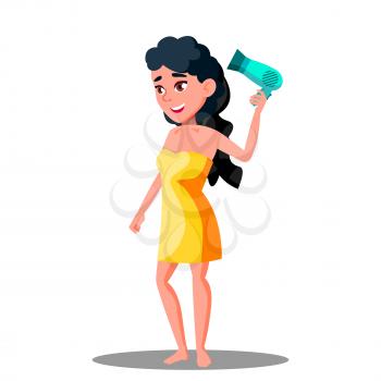 Teenager Girl Drying Her Hair With Hair Dryer Vector. Illustration