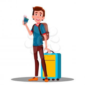 Young Cool Happy Guy At Airport With Suitcase, Passport, Tickets Vector. Illustration