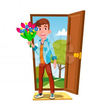 Young Guy In The Open Door With Flowers And Gift Vector. Illustration