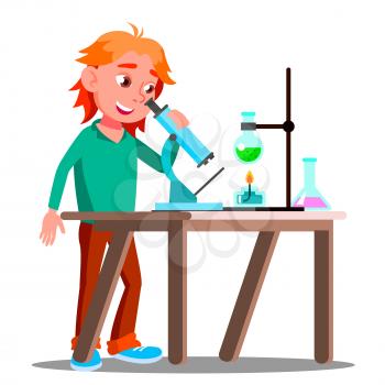 Curious Child Using A Microscope In School Vector. School. Education. Illustration