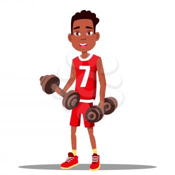 Little Boy Is Exercising With A Dumbbell In His Hands Vector. Sport. Healthy. Illustration