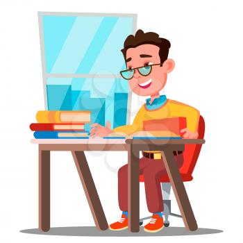 Cute Child In Glasses Sitting At A Desk In A Classroom Vector. School. Illustration