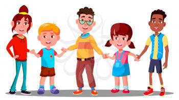 Group Of Children Holding Hands Together Vector. Multiracial. European And Afro American. Illustration
