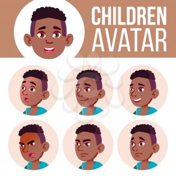 Boy Avatar Set Kid Vector. Black. Afro American. High School. Face Emotions. High, Child Pupil. Small, Junior Head Illustration