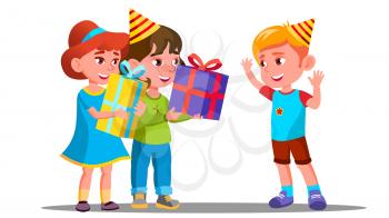 Children Give Birthday Gifts To A Friend Vector. Illustration