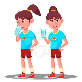 Little Girl Drinks From A Glass Of Water Vector. Illustration