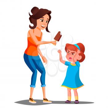 Mother Gives Ice Cream To A Crying Child Vector. Illustration