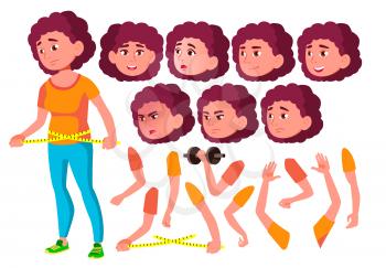 Fat Teen Girl Vector. Teenager. Caucasian, Positive. Face Emotions, Various Gestures. Animation Creation Set. Isolated Flat Cartoon Illustration