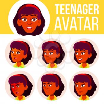 Teen Girl Avatar Set Vector. Indian, Hindu. Asian. Face Emotions. User, Character Cheer Pretty Head Illustration