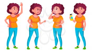 Fat Teen Girl Poses Set Vector. Friends, Life. For Presentation, Invitation, Card Design. Isolated Illustration
