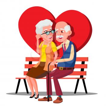 Elderly Couple Hugging On The Bench With Big Red Heart Vector. Isolated Illustration