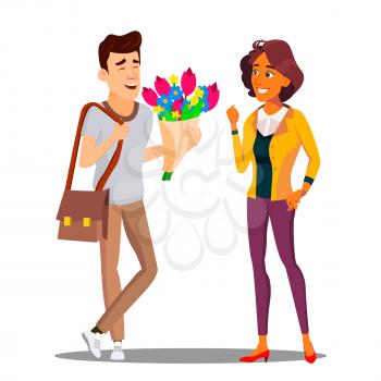 Man Giving Flowers To Woman Vector. Isolated Illustration