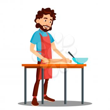Man Cooking In The Kitchen In Apron Vector. Isolated Illustration
