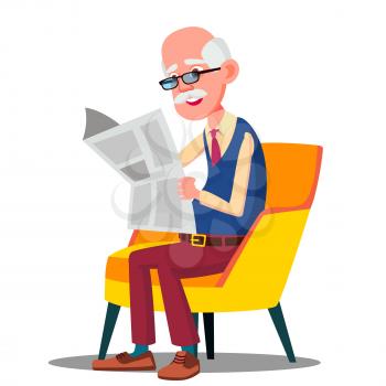 Senior Age Man In Glasses Reading A Newspaper In A Chair Vector. Illustration