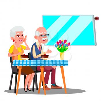 Happy Elderly Couple Sitting In Cafe And Watching In Digital Screen Vector. Illustration