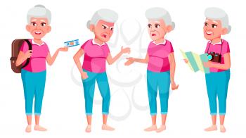 Old Woman Poses Set Vector. Elderly People. Senior Person. Aged. Tourist, Tourism. Beautiful Retiree. Life. Card Advertisement Greeting Design Isolated Cartoon Illustration