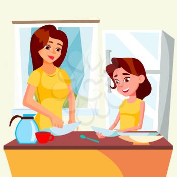 Little Girl Helping Mother Wash Dishes In Kitchen Vector. Illustration