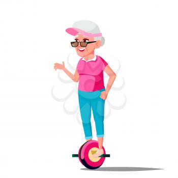 Old Woman On Hoverboard Vector. Riding On Gyro Scooter. One-Wheel Electric Self-Balancing Scooter. Positive Person. Illustration