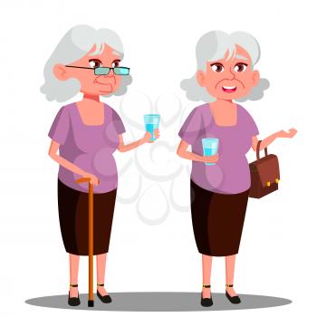 Modern Old Woman With A Glass In Her Hand Vector. Illustration