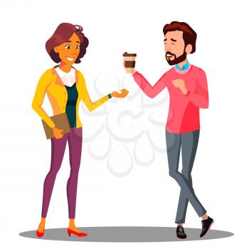 Man Passes A Cup Of Coffee To Woman Vector. Illustration