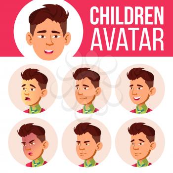 Asian Boy Avatar Set Kid Vector. High School. Face Emotions. Children, Young People. Life, Emotional. Head Illustration
