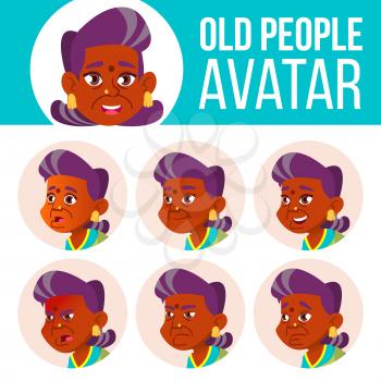 Indian Old Woman Avatar Set Vector. Hindu. Asian. Face Emotions. Senior Person Portrait. Elderly People. Aged. Facial, People Active Joy Head Illustration