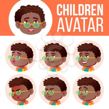 Boy Avatar Set Kid Vector. Black. Afro American. Primary School. Face Emotions. Emotions, Emotional. Friendly Weeping Head Illustration