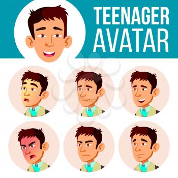 Teen Boy Avatar Set Vector. Asian Face Emotions. Facial, People. Positive. Head Illustration