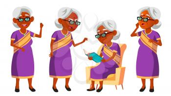 Indian Old Woman In Sari Vector. Elderly People. Hindu. Asian. Senior Person. Aged. Comic Pensioner. Lifestyle. Postcard Cover Placard Design Isolated Illustration
