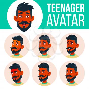 Teen Boy Avatar Set Vector. Indian, Hindu. Asian. Face Emotions. Expression, Positive Person. Beauty Lifestyle Cartoon Illustration