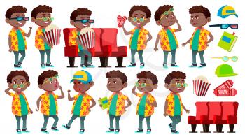 Boy Schoolboy Kid Poses Set Vector. Black. Afro American. Primary School Child. Schoolchild. Lecture. Welcome, Go. For Web, Brochure Poster Design Isolated Cartoon Illustration