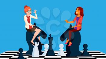 Business Competition Vector. Business Woman Riding Chess Horses Black And White To Meet Each Other. Illustration