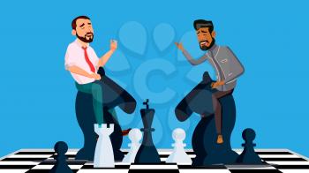Business Competition Vector. Businessmen Riding Chess Horses Black And White To Meet Each Other. Illustration