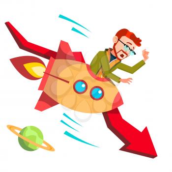 Businessman Riding A Rocket Falls Down Falling Red Arrow Vector. Illustration