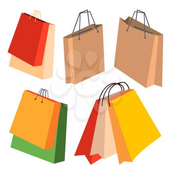 Paper Shopping Bags Set Vector. With Handles. Cartoon Illustration