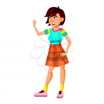 Asian Teen Girl Poses Vector. Leisure, Smile. For Web, Brochure, Poster Design. Isolated Cartoon Illustration
