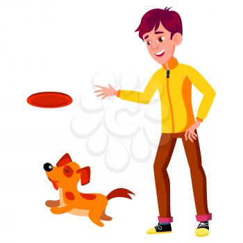 Teen Boy Poses Vector. Pet, Dog. Friends, Life. For Presentation, Invitation, Card Design. Isolated Cartoon Illustration
