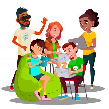 Sitting Students With Laptops And Smartphones In Wi-Fi Zone Vector. Illustration