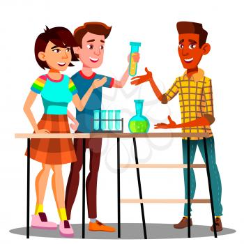Group Of Students Standing At Table With Flasks, Chemistry Lesson Vector. Illustration