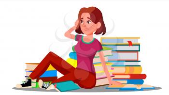 Stressed Student Sitting Surrounded By Stacks Of Books On Floor Vector. Illustration