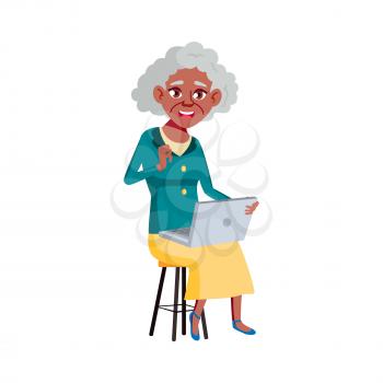 Old Woman Poses Vector. Black. Afro American. Elderly People. Senior Person. Aged. Funny Pensioner. Leisure. Postcard, Announcement, Cover Design. Isolated Cartoon Illustration
