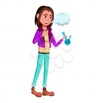 Teen Girl Poses Vector. Smoking Cannabis. Adult People. Casual. For Advertisement, Greeting, Announcement Design. Isolated Cartoon Illustration