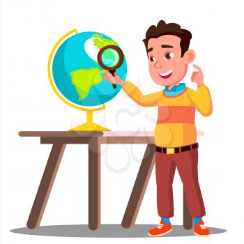 Student Looking Through A Magnifying Glass Globe, Geography Lesson Vector. Illustration