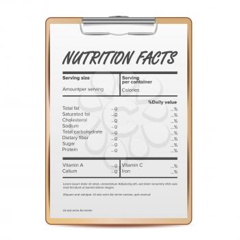 Nutrition Facts Vector. Blank, Template. Diet Calories List. For Box. Guideline Ingredient Calories Illustration